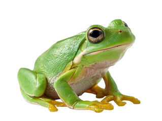 Obraz premium Green tree frog isolated on transparent background, close-up of exotic amphibian, tropical wildlife animal, macro nature photography for biology, education, and design use