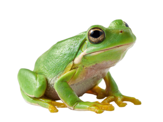 Green tree frog isolated on transparent background, close-up of exotic amphibian, tropical wildlife animal, macro nature photography for biology, education, and design use