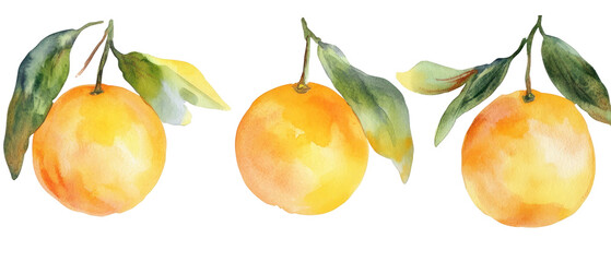 Watercolor Illustration of Oranges on Branches with Green Leaves on Transparent Background