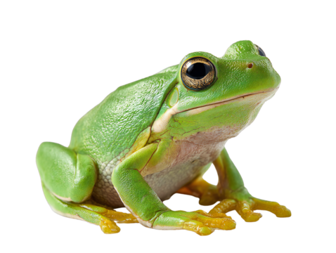 Green tree frog isolated on transparent background, close-up of exotic amphibian, tropical wildlife animal, macro nature photography for biology, education, and design use