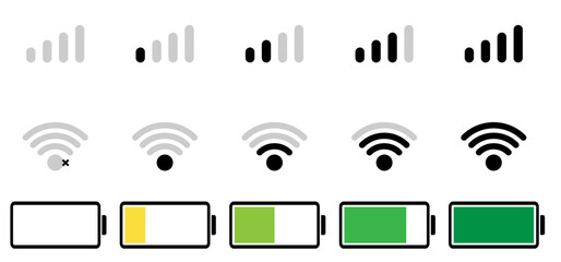 battery, wifi and mobile network icons in a clean, minimal style, ideal for apps, UI, UX and digital interfaces. Battery icon set. Wi-Fi icons Set. Battery, WiFi, network, icons.