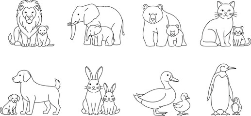 Animal line art lion elephant bear cat dog rabbit duck penguin baby mother