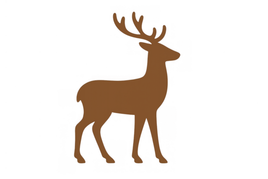 Deer or stag brown silhouette illustration with antlers, standing on transparent background, wild animal concept