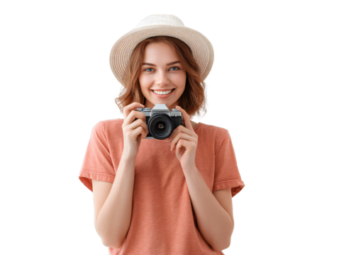 Smiling young woman holding camera and wearing hat isolated on transparent background, cheerful traveler photographer, vacation lifestyle concept for design and advertising - Powered by Adobe