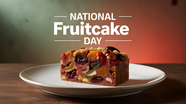A slice of fruitcake on a white plate celebrating National Fruitcake Day