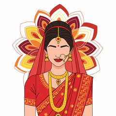 Illustration of a woman in a red sari with gold jewelry and a flower background.