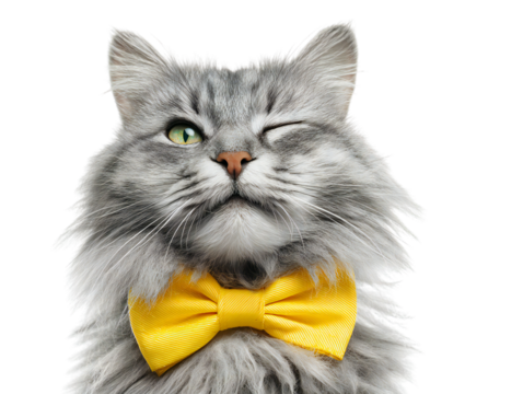 Gray fluffy cat wearing yellow bow tie isolated on transparent background, cute winking pet portrait, funny feline expression, adorable domestic animal close-up for design and advertising