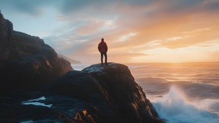 A lone man stands on a rocky cliff overlooking a stormy ocean, the setting sun casting a golden glow on the horizon.