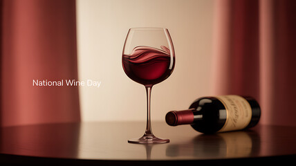 A glass of red wine with a bottle on a table, celebrating National Wine Day