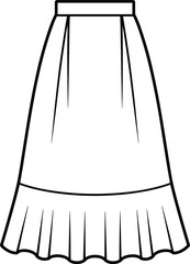 Vector CAD drawing of flared skirt with ruffled hem, vertical seams, and waistband shaping for fashion design and garment illustration