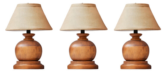 Three Classic Lamps In Brown Wooden Base And Beige Lampshade With Transparent Background