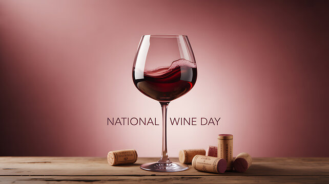 A glass of red wine on a wooden table with corks, celebrating National Wine Day - Powered by Adobe