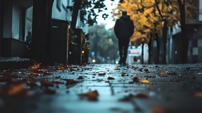 A lone man walks down a city street in the fall, the pavement covered in fallen leaves.