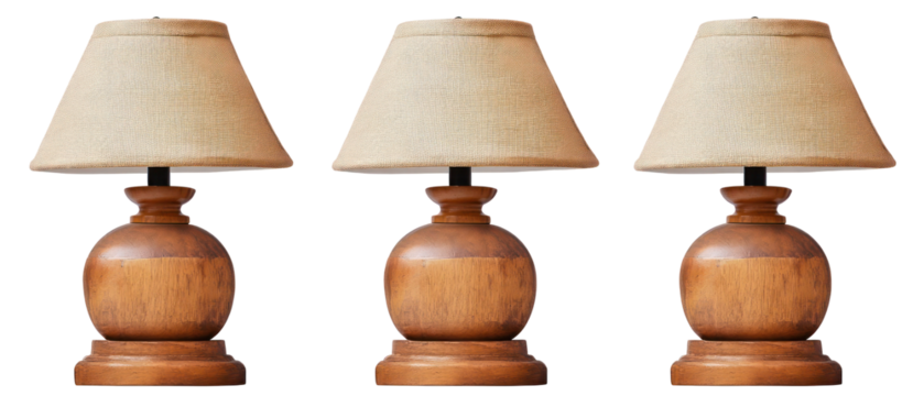 Three Classic Lamps In Brown Wooden Base And Beige Lampshade With Transparent Background