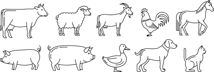 Obraz premium Farm animals livestock cow sheep goat chicken horse pig duck dog cat outline
