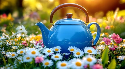 Blue kettle resting among vibrant flowers in a sunny garden during springtime