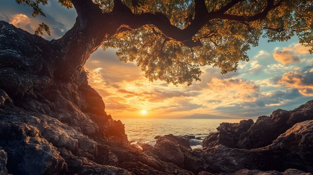 A lone tree grows on a rocky cliff overlooking the ocean at sunset. The sun is setting in the distance, casting a warm glow on the water and the sky.