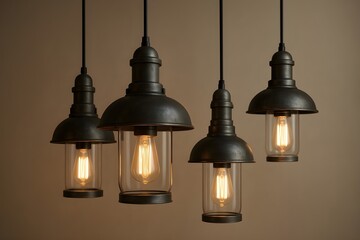 Obraz premium Four industrial pendant lights with exposed bulbs hanging from above for ambiance