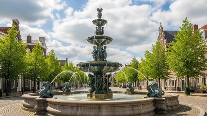 Ornate tiered fountain with dragon spouts in a european town square - Powered by Adobe