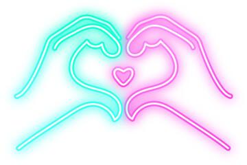 Glowing Neon Heart Shape Hand Gesture Sign Symbol Graphic Element, Perfect for designs related to love, relationships, Valentine's Day, and modern graphic styles.