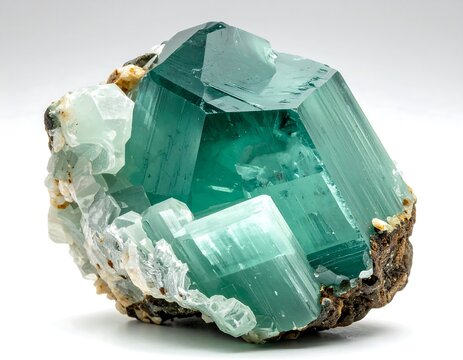 A faceted, prismatic aquamarine crystal stands out from a matrix of white, light blue stone