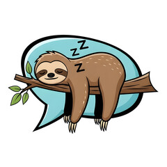 Obraz premium A cute cartoon sloth sleeping soundly on a tree branch inside a light blue speech bubble.