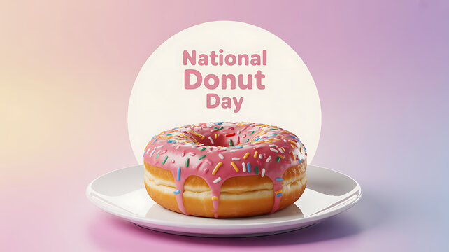A pink frosted donut with colorful sprinkles on a white plate, celebrating National Donut Day against a soft gradient background.