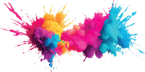 Colorful paint splash explosion vibrant abstract background with pink blue yellow and purple hues isolated on white