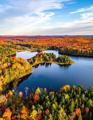 Naklejka premium Autumnal lake vista, vibrant foliage