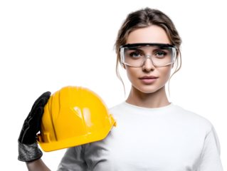 Confident Woman with Safety Glasses Holding Helmet Glove Worker Protective Equipment Construction Site Female empowerment in the skilled trades showcasing safety
