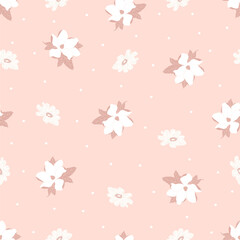 Seamless pattern of white flowers on a soft pink background with tiny dots, creating a gentle romantic look.