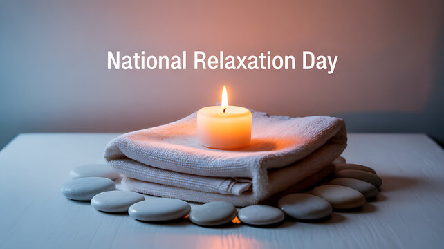 National Relaxation Day celebration with a lit candle, folded towel, and smooth stones on a table - Powered by Adobe
