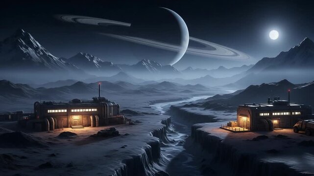 Scifi outpost on alien planet with saturnlike rings above