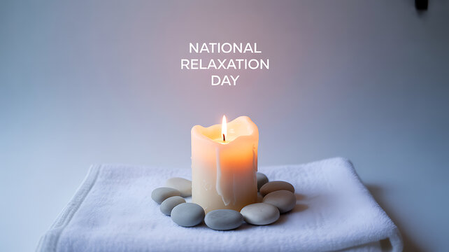 A lit candle surrounded by smooth stones on a white towel, with text reading 'National Relaxation Day'.