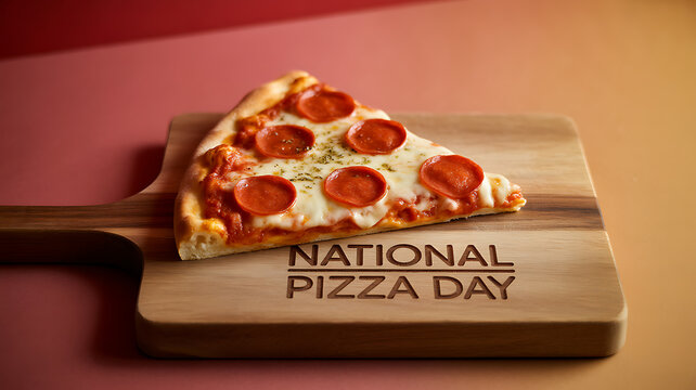 A slice of pepperoni pizza on a wooden cutting board with 'National Pizza Day' engraved