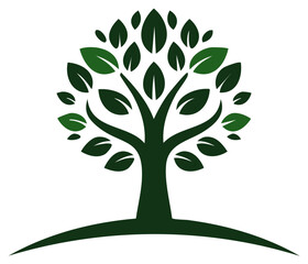 Fototapeta premium Stylized Green Tree Symbol with Leaves on Hill Shape, Ecology and Natural Theme
