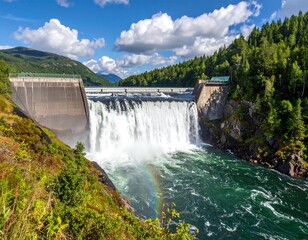 A concrete dam with cascading water, a rainbow, and a lush forested landscape