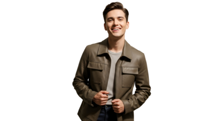 Attractive Smiling Man Posing Fashionably Jacket Handsome Style Happy Fashion Outfit Leather Attire Casual Wear Positive Energy Confident Expression Youthful Appearance