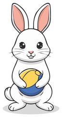 Obraz premium Cute white rabbit holding beach ball cartoon illustration for Easter, spring and childhood themes