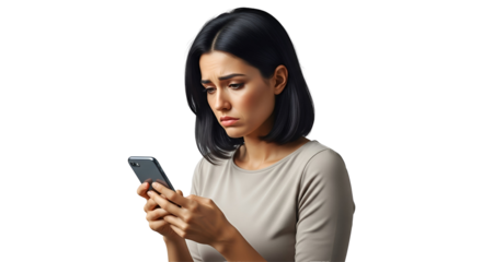 Sad woman looking phone screen feeling anxiety smartphone messages frustrated technology upset girl communication negative expression emotion checking news online social media
