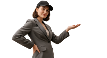 Woman Presenting Product Isolated Portrait Cap Suit Businesswoman Showing Hand Business Opportunity Elegant businesswoman presenting new product with a friendly hand gesture