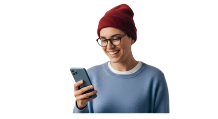 Smiling Woman using Cellphone with Beanie Hat and Eyeglasses enjoys Mobile Phone Technology Casual indoor Scene Happy Modern Lifestyle concept for social media engagement