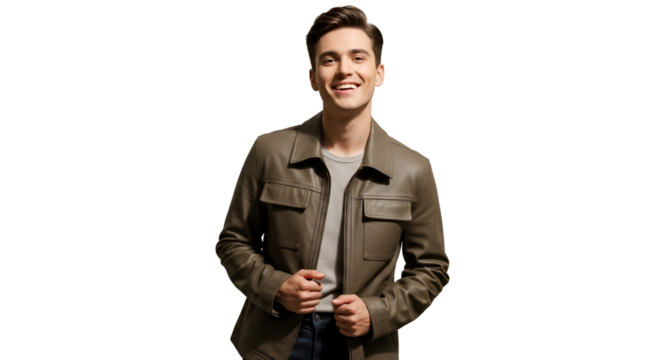 Attractive Smiling Man Posing Fashionably Jacket Handsome Style Happy Fashion Outfit Leather Attire Casual Wear Positive Energy Confident Expression Youthful Appearance