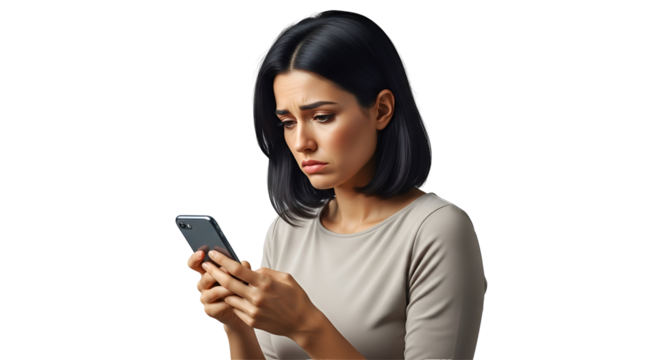 Sad woman looking phone screen feeling anxiety smartphone messages frustrated technology upset girl communication negative expression emotion checking news online social media