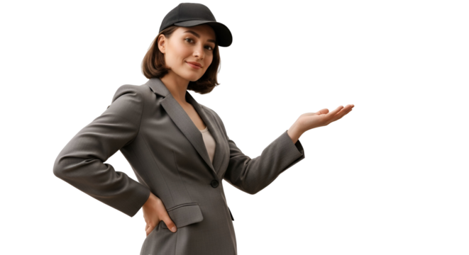 Woman Presenting Product Isolated Portrait Cap Suit Businesswoman Showing Hand Business Opportunity Elegant businesswoman presenting new product with a friendly hand gesture