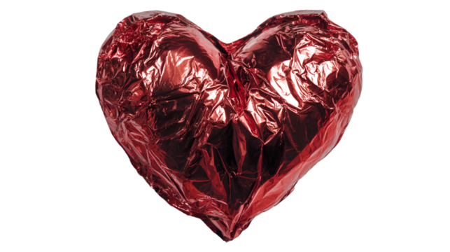 Wrapped in love red foil heart for Valentine's Day promotions, romantic gestures, and heartfelt gifts, perfect for expressing affection and creating memorable moments isolated on transparent white bac