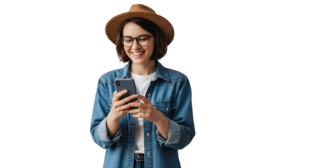 Woman Using Smartphone Hat Jeans Shirt Glasses and Smiling Isolated on Dark Background Enjoying Online Communication Mobile Technology Connecting through Social Media Happy Girl