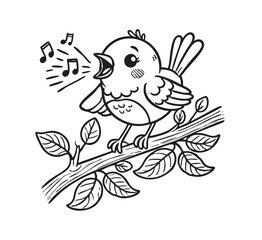Singing Sparrow on Branch - Bold Outline Illustration