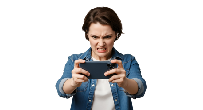 Frustrated woman playing mobile game smartphone device gamer anger face emotion technology casual denim shirt concentrated intense focus holding enjoying hobby pastime relaxation