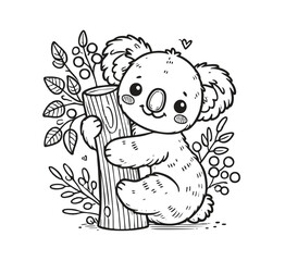 Cute Koala Hugging Tree Coloring Page with Simple Bold Outline